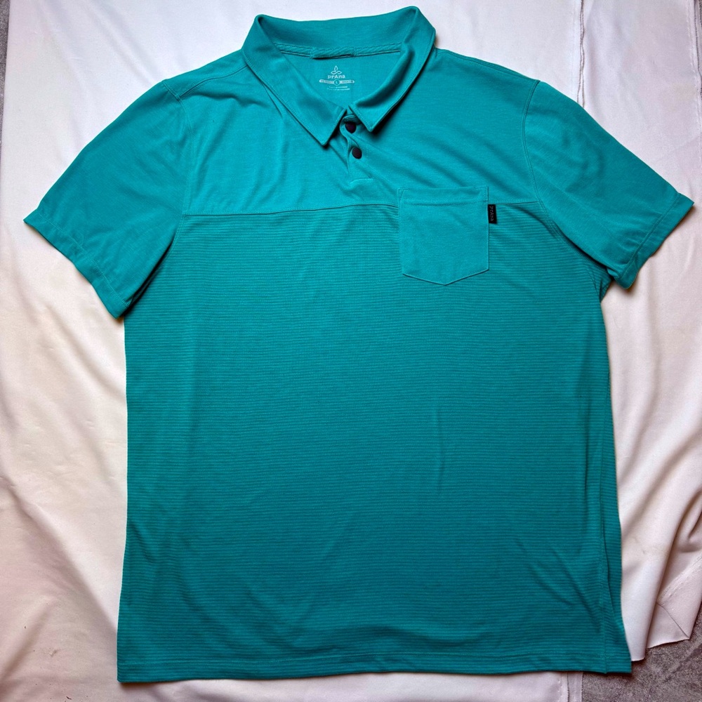 prAna Men's Short Sleeve Polo Shirt Snap Collar Lightweight Stretch Size L